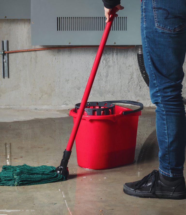 Woman mopping flood from water leaks in basement or electrical room. — Property Restoration Pros