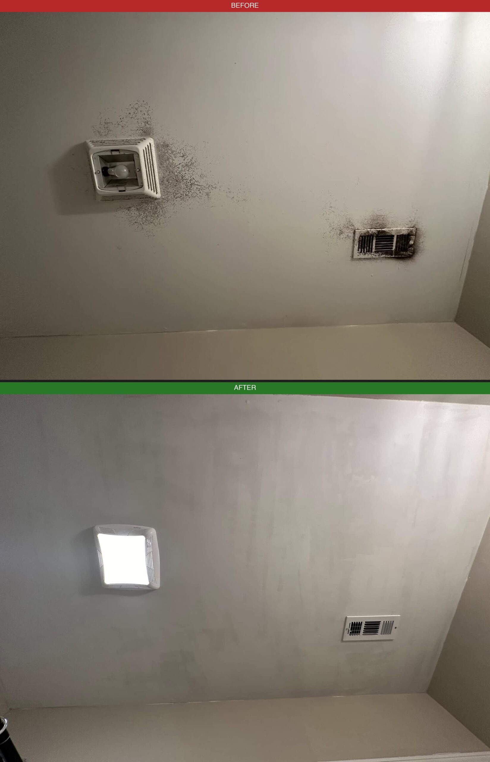 Before and after mold remediation - mold growth around bathroom vent and HVAC register cleaned by Property Restoration Pros