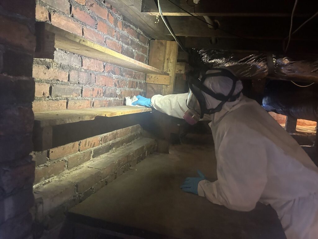 Mold remediation technician in protective gear inspecting a crawl space by Property Restoration Pros